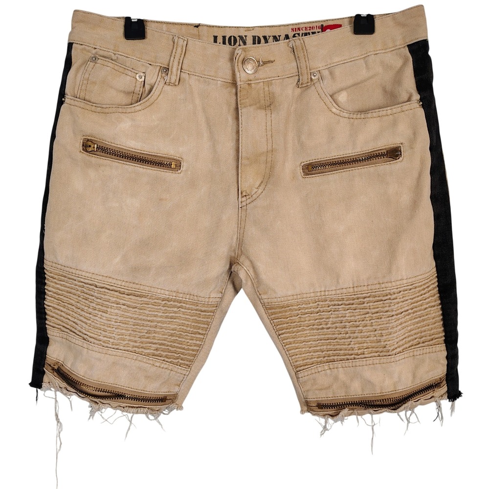 Lion Dynasty Mens 34 Slim Moto Denim Shorts Tan Black Stripe Distressed Zippers